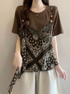 Áo Thun Blouse In Hình Retro 2 Mảnh Giúp Gầy Dành cho Phụ Nữ Size Lớn
