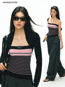 Ariseism | American Retro Pink Stripe Knit Bustier and Blouse Two-piece Set for Autumn