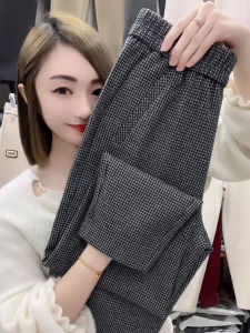 Quần Dài Thường Ngày Kẻ Caro Cạp Cao Cho Nữ Mùa Xuân 2025 Quần Dài Ống Rộng Đa Năng Ôm Sát Quần Dài Nine Harlan