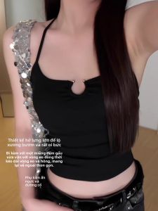 chaqi | Áo ba lỗ hở lưng màu đen gợi cảm dành cho nữ mùa hè 2025 Áo ba lỗ có đệm ngực Pure Desire Style dành cho nữ