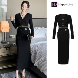 Happy Diva เดรสผู้หญิง เดรสสีดำ เดรสหางปลา เดรสแขนยาว เดรสทำงาน เดรสไฮโซ เดรสวินเทจ เดรสออกงาน เดรสปาร์ตี้ ชุดราตรี 21611