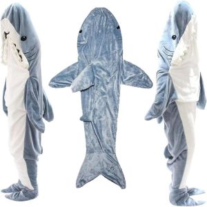Wearable Shark Blanket Available Cartoon Shark Sleeping Bag Comfy Bathrobe Homewear Shark-Themed Casual Attire Christmas Gift