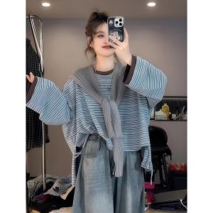 Áo Thun Dài Tay Cổ Tròn Rộng Rãi Thường Ngày Mùa Thu Cho Nam Và Nữ Họa Tiết Sọc Phong Cách Hàn Quốc Cỡ Lớn 300 Pound