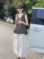 Elegant Silk-Linen Blend Two-Piece Set Women's V-Neck Flared Sleeveless Top and Wide Leg Crop Pants. 