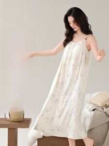 MiiOW | Váy ngủ mùa hè nhẹ thoáng khí có đệm ngực tự làm cho nữ Váy ngủ dài cổ tròn không tay thoải mái mặc nhà Váy ngủ chống điểm trồi