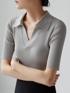 HUOLISI | Gray Polo Neck Knit Top For Women