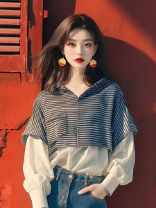 อินเทรนด์ โอเวอร์ไซส์ เสื้อฮู้ด เสื้อผ้าผู้หญิง งานเย็บปะติดปะต่อ ดีไซน์ สไตล์เกาหลี ฤดูใบไม้ผลิ ฤดูใบไม้ร่วง แฟชั่นการเดินทางที่สะดวกสบายแขนยาว