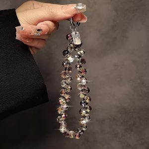 Luxury Fashion Crystal Beads Portable Chain Wrist Short Lanyard With Clip Piece Mobile Phone Case Trendy Ornament Universal 