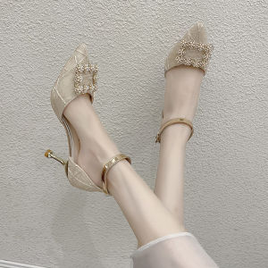 Womens Pointed Toe High Heels 2024 New Summer Thick Heel Wedding Shoes Fairy Style for Dresses Maids of Honor Sandals