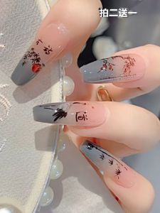 Wearable Long Nail Art Stickers Chinese Style New Ink Wash Trend Complete Nail Tips Chinese Traditional Design Beauty Tools