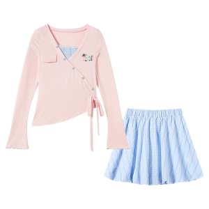 Sweet Style Pink Blouse and Check Skirt Set
