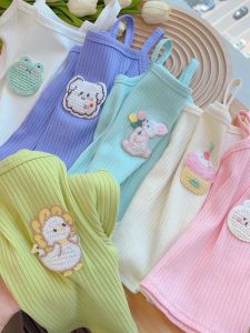 Girls Summer Vest Cartoon Embroidery Strapless Slim Fit Elastic Base Shirt Candy Color Top Thin Summer Outfit for Kids