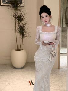 Elegant Lace Evening Dress Slimming Fit French Style Womens Fashion Spring New Arrivals Deep V Neck Diamond Decorated Long Sleeve