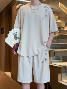 ROMON | Romon Mens Short Sleeve T-Shirt Set Ice Silk Casual Sports Summer New Style Two-Piece Suit Polyester Fiber Youth Fashion