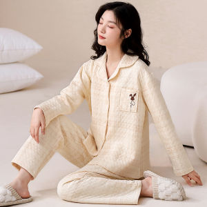 Miiow | Thickened Pure Cotton Pajamas Set For Couples Womens Long Sleeve Long Dress Home Clothes Warm Autumn Winter Outwear