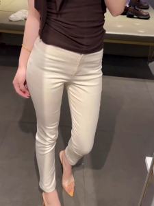 High Waist Thin Casual Pants Womens Slim Fit Basic Style Korean Version Reflective Element Commute Style Pockets Detail