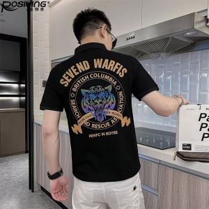 เสื้อโปโลแขนสั้นทรงสลิมฟิตสำหรับผู้ชาย ฤดูร้อน 2024 ลายหัวลิง คอปกพับ แฟชั่น เสื้อยืด ผ้าฝ้ายผสมโพลีเอสเตอร์