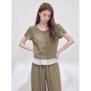 GULILI | Retro Green Round Neck Short Sleeve Top and Pants Set