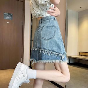 WANGGONGZHU | High Waist A-Line Mini Skirt Womens Summer New Style Retro Light Blue Denim Frayed Hem Short Skirt Princess Cut Casual Wear