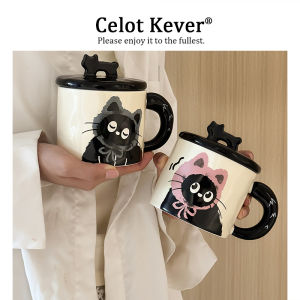 Cute Cat Ceramic Mug with Lid and Spoon