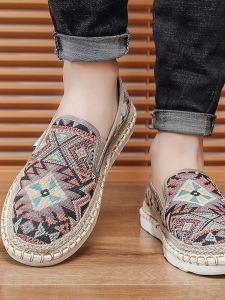 Beijing Style Mens Canvas Shoes Embroidered Design Slip-On Fishermans Footwear Trendy Low Cut Breathable Flat Heel Rubber Sole