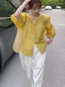 เสื้อเชิ้ตแขนสั้นผู้หญิงสไตล์ฝรั่งเศส ทรงหลวม ดีไซน์โบว์ผีเสื้อ ทรงพอง สไตล์เกาหลี คอตั้ง แขนยาว 7 นิ้ว