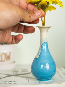 แจกันดอกไม้เซรามิกทำมือขนาดเล็ก สไตล์ปลูกพืชในน้ำ ของตกแต่งโต๊ะทำงานสำนักงาน สีฟ้าอบเผา เปลี่ยนสีได้ กระถางดอกไม้ขนาดเล็ก