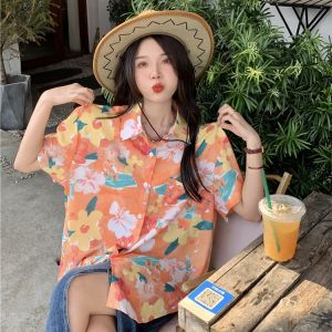Retro Hong Kong Style Loose Short Sleeve Floral Shirt Womens Hawaiian Beach Design Sensation Unique Elegant Top