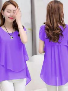 [Summer Meat Hiding] Plus Size Womens Clothing Chubby Girl Mid Length Long Length Loose Slim Looking Chiffon Shirt Short Sleeve Tops Slimming Youthful-Looking