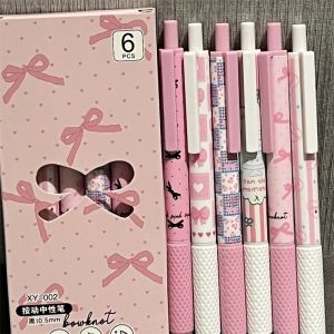 6Pcs/Set Pink Bowknot Gel Pen 0.5mm Quick-Dry Writing Pens Black Ink Signing Pen Kawaii Stationery School Office Supplies