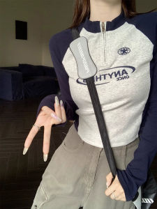 Áo Thun Nữ Dài Tay Màu Tương Phản Cỡ Lớn Mùa Xuân Thu Ôm Vừa Vặn Giảm Béo Áo Lót Bên Trong Có Khóa Kéo