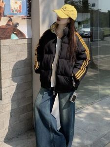 plus Size Thickened Bread Style Jacket American Retro Design Three Stripe Splicing Stand Collar Cotton Outerwear Coat