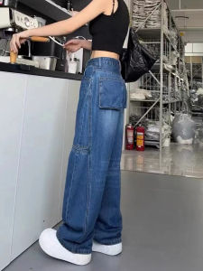 กางเกงยีนส์ทรงหลวมเอวสูงสไตล์อเมริกันย้อนยุคไซส์ใหญ่สำหรับผู้หญิง กางเกงขายาวทรงตรงทรงหลวมสำหรับฤดูใบไม้ผลิและฤดูใบไม้ร่วง