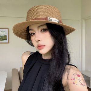 French Style Straw Hat Womens Summer 2024 New England Wind Gift Hat Flat Top Beachside Sun Protection Hat Trendy