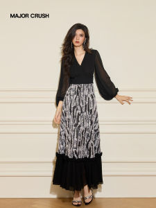 French Retro Design Spring Ink V-Neck Patchwork Elegant Long Dress