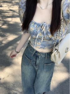 French Style Pure Desire Square Collar Short Sleeve T-Shirt Women Summer Slimming BM Style Small Size Chiffon Floral Top