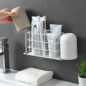 Wall-Mounted Toothbrush Holder Bathroom Drain Rack No-Drilling Storage Cup Shelf Toothpaste Toothbrush Organizer Japanese Style