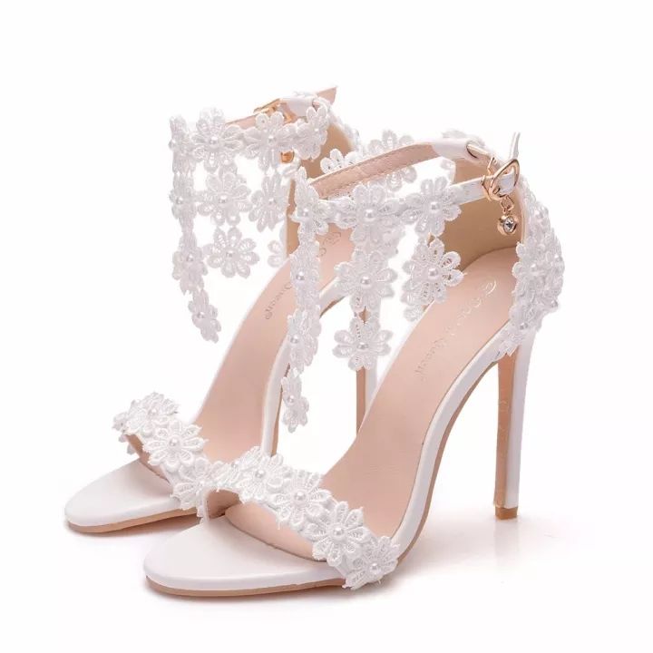 Wedding High Heels Women Ankle Straps Sandals White Lace Flower