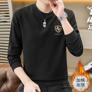High-End Embroidered Long Sleeve Mens T-Shirt Fleece Lined Hoodie Fashionable Base Layer Shirt for Spring Autumn Winter