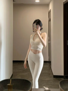 Left Ear Figure Fall and Winter Indoor Pilates Thread Halterneck Bubble Wrap Bra Women Cross High Waist Yoga Pants Two-piece Set
