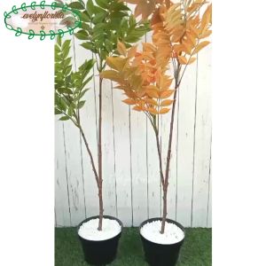 Pohon Daun Willow Variasi Warna Merah & Hijau X2 Semi Latex Artificial Pot Dasar Hitam Dekorasi Ruangan