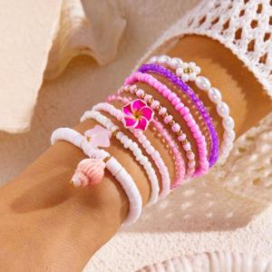 ** 1 Set Summer Ocean Blue Beads Strand Hand Chain Bohemia Starfish Shell Beaded Bracelets For Women Jewelry Beach Vacation Gift