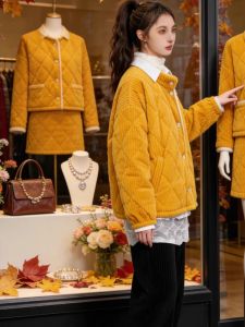 Pink Grape Winter Thickened Pajamas Women down Coat Fleece Thickened Corduroy Stand Collar Coral Fleece Outerwear Homewear