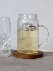 Creative Glass Cup with Handle Heat Resistant Fruit Tea Cup Milk Tea Cola Can Juice Drink Cup Simple European Style round Shape
