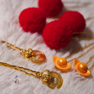 Linglong like Complex Autumn Winter New Year Childrens Wealth God Hanfu Hair Accessories Ornament Baoding Copper Coin Red Ball Small Chai