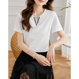 เสื้อยืดคอวีแขนสั้นผ้าฝ้ายหลวมๆ สไตล์เรียบง่ายสำหรับผู้หญิงในฤดูร้อน สวมใส่สบาย สวมใส่ได้หลากหลายโอกาส เสื้อผ้าทำงาน