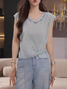 BINKAFENNY | Blue Heavy Embellished V-neck Short Sleeve Knitwear Womens Summer Irregular Belted Top Plus Size Fashion Korean Style