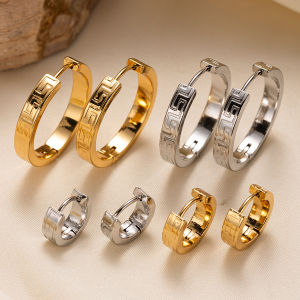 18K Gold Plated Greek Key Hoop Earrings-Tarnish-Free Hypoallergenic Meander Pattern Ear Studs for Girls Stainless Steel