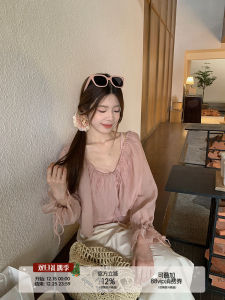 Womens Lace Splice Bubble Sleeve Thin Veil Top with Drawstring Tank Vest Two-Piece Set Gentle Fairy Atmosphere Tencel Material