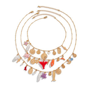 Puriui Bohemia สร้อยคอไข่มุกเทียมสีทอง3ชิ้น/เซ็ตปรับได้เครื่องประดับสร้อยคอจี้หลายแบบสำหรับใส่ในฤดูร้อนชายหาดชายหาด